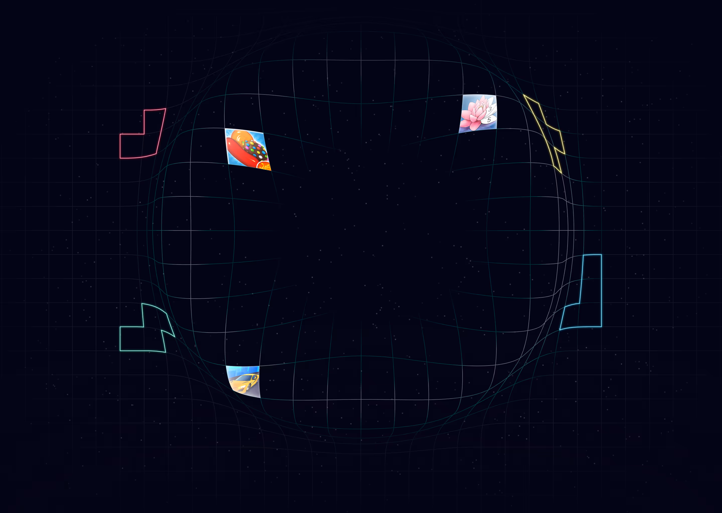 Dark grid background with a distorted sphere and four small colorful icons positioned around the sphere.