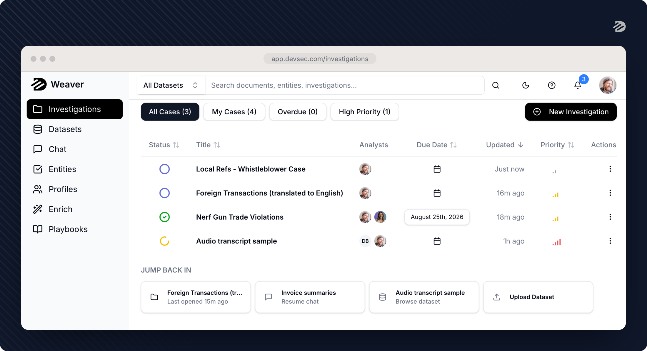Weaver's investigations dashboard, showing H Street Law's active cases with status, analysts, due dates, and priority.
