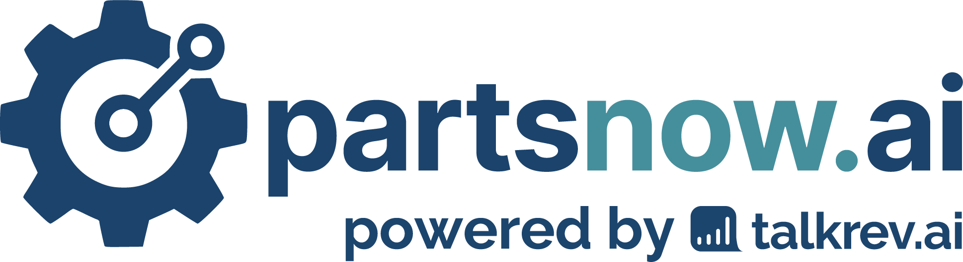 Partsnow.ai logo with gear and connection icon, powered by Talkrev.ai logo.
