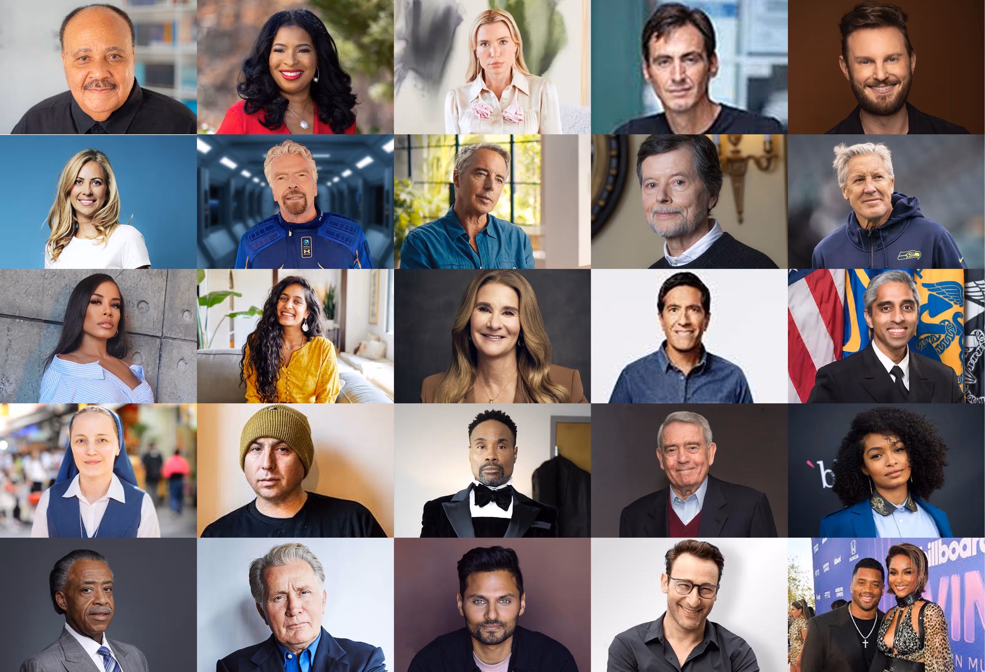 Collage of twenty diverse individuals, including men and women of various ages and ethnicities, each pictured from shoulders up with different backgrounds and expressions.