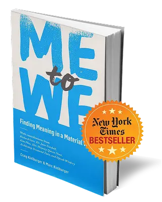 Book titled 'Me to We: Finding Meaning in a Material World' with a New York Times Bestseller badge.