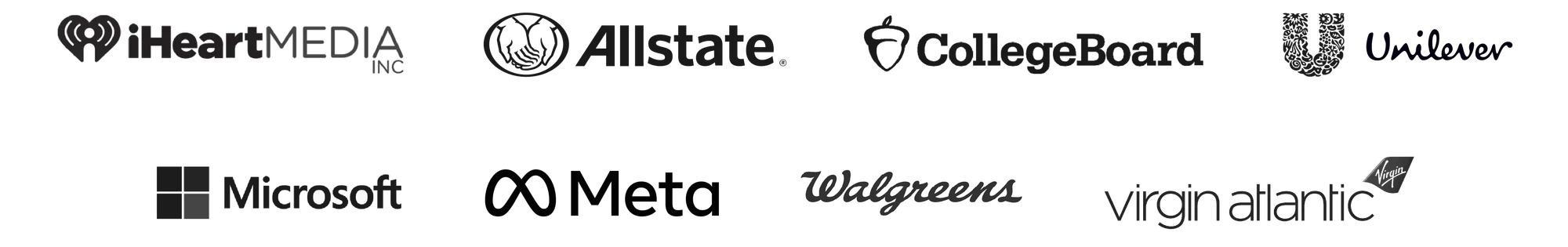 Logos of companies including iHeartMedia, Allstate, College Board, Unilever, Microsoft, Meta, Walgreens, and Virgin Atlantic arranged in two rows.