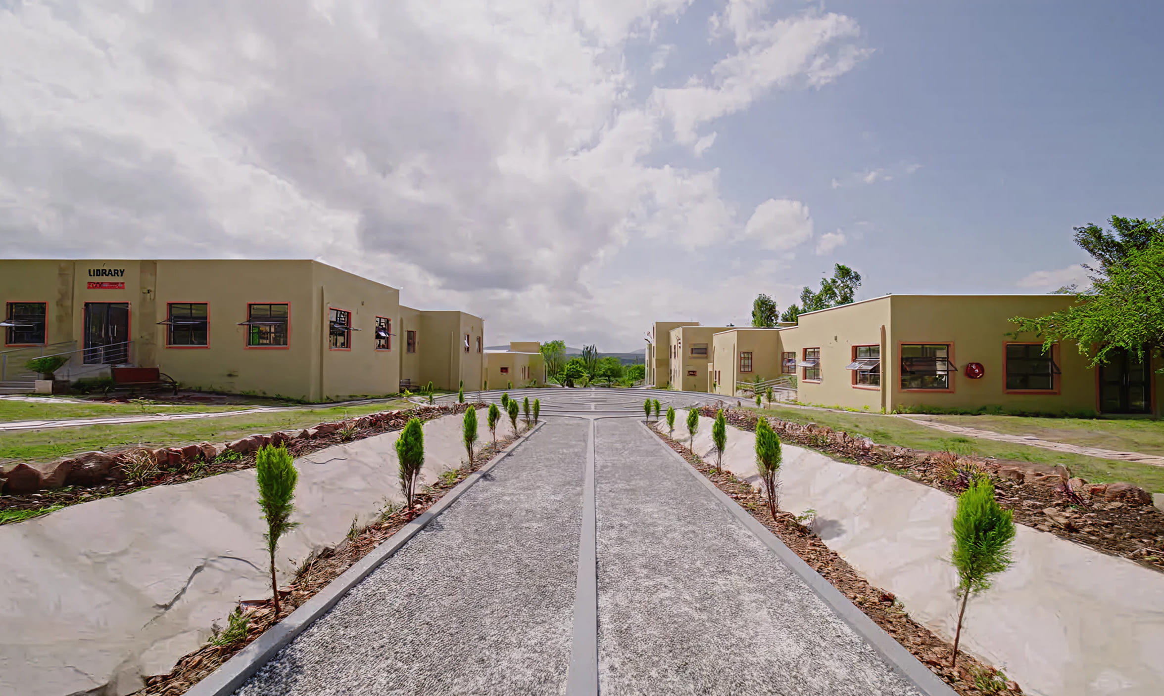 Gravel walkway lined with small trees leading through a residential area with single-story beige buildings under a partly cloudy sky.