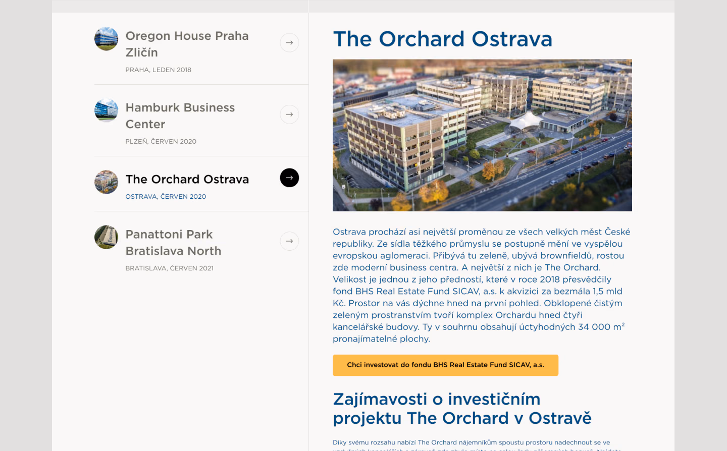 Webdesign BH Securities — portfolio nemovitostí, projekt The Orchard Ostrava, Studio Light
