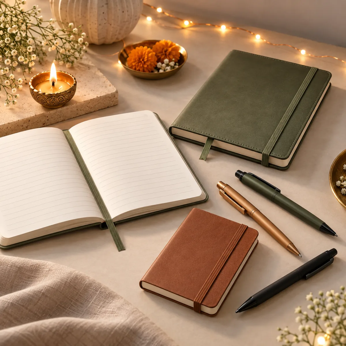 Notebooks, diaries and pens
