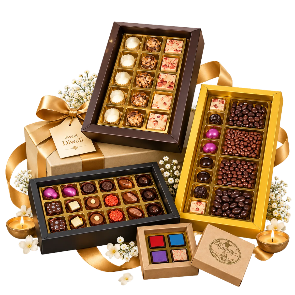 Chocolate Collection: tiered boxes of pralines and dragées