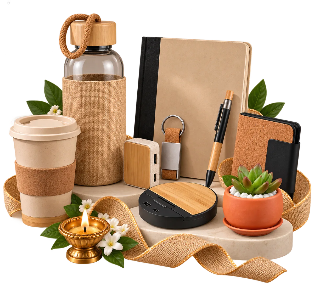 Eco Tech Set: bamboo USB hub, wireless charging pad, cork notebook, glass bottle and succulent