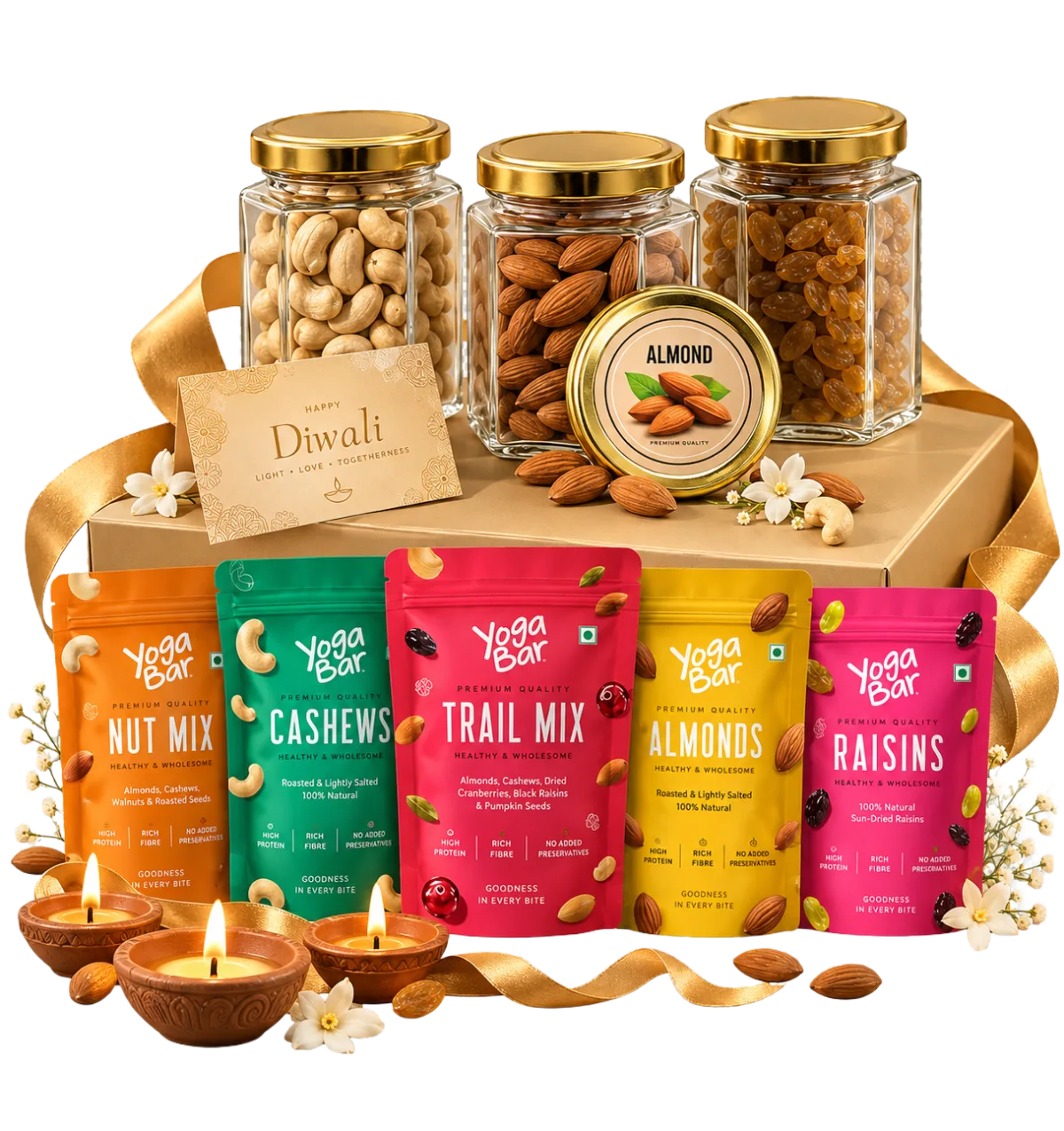 Edible Delights hamper: glass jars of cashews and almonds with colourful snack pouches