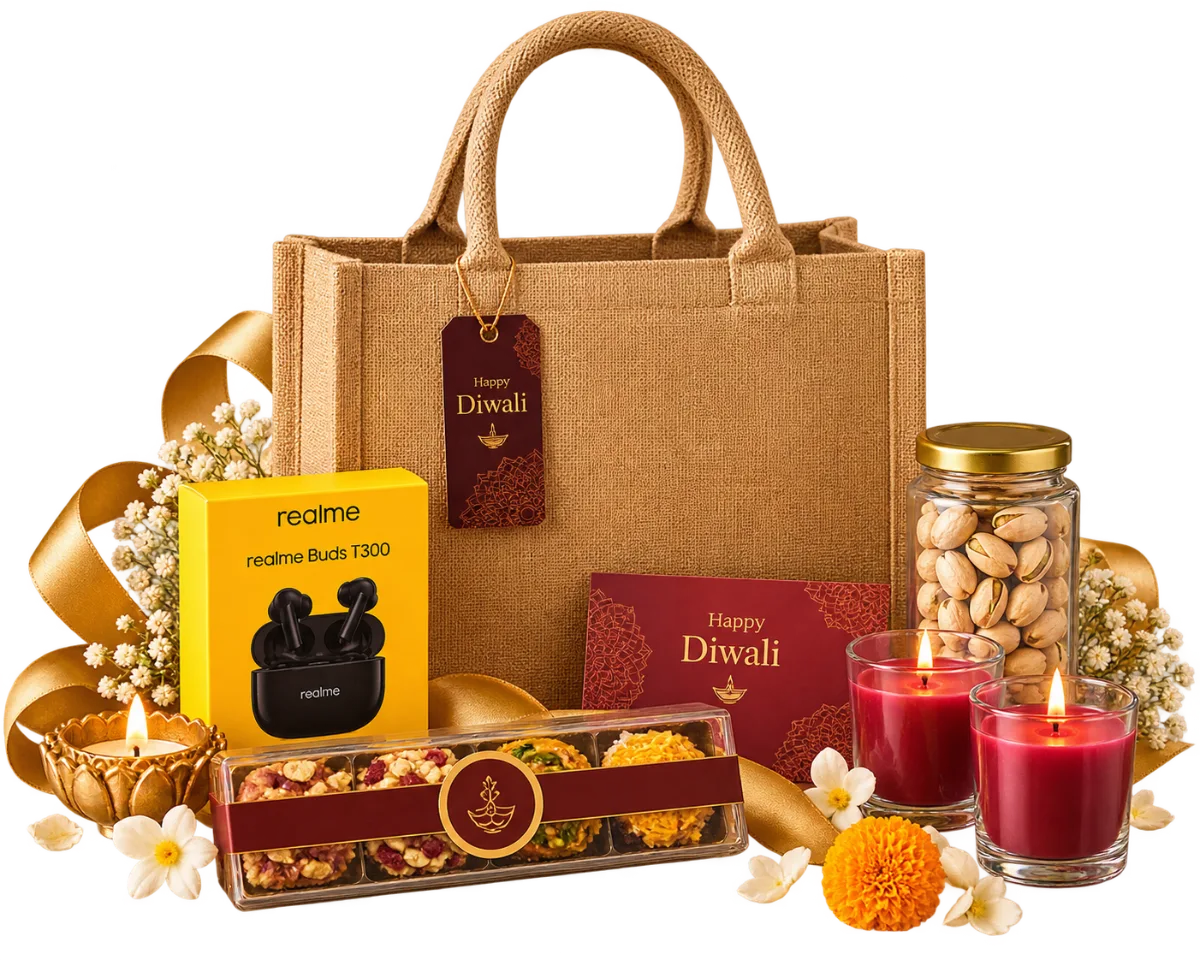Tech and Treats Set: jute tote with wireless earbuds, pistachios, dry fruit and candles