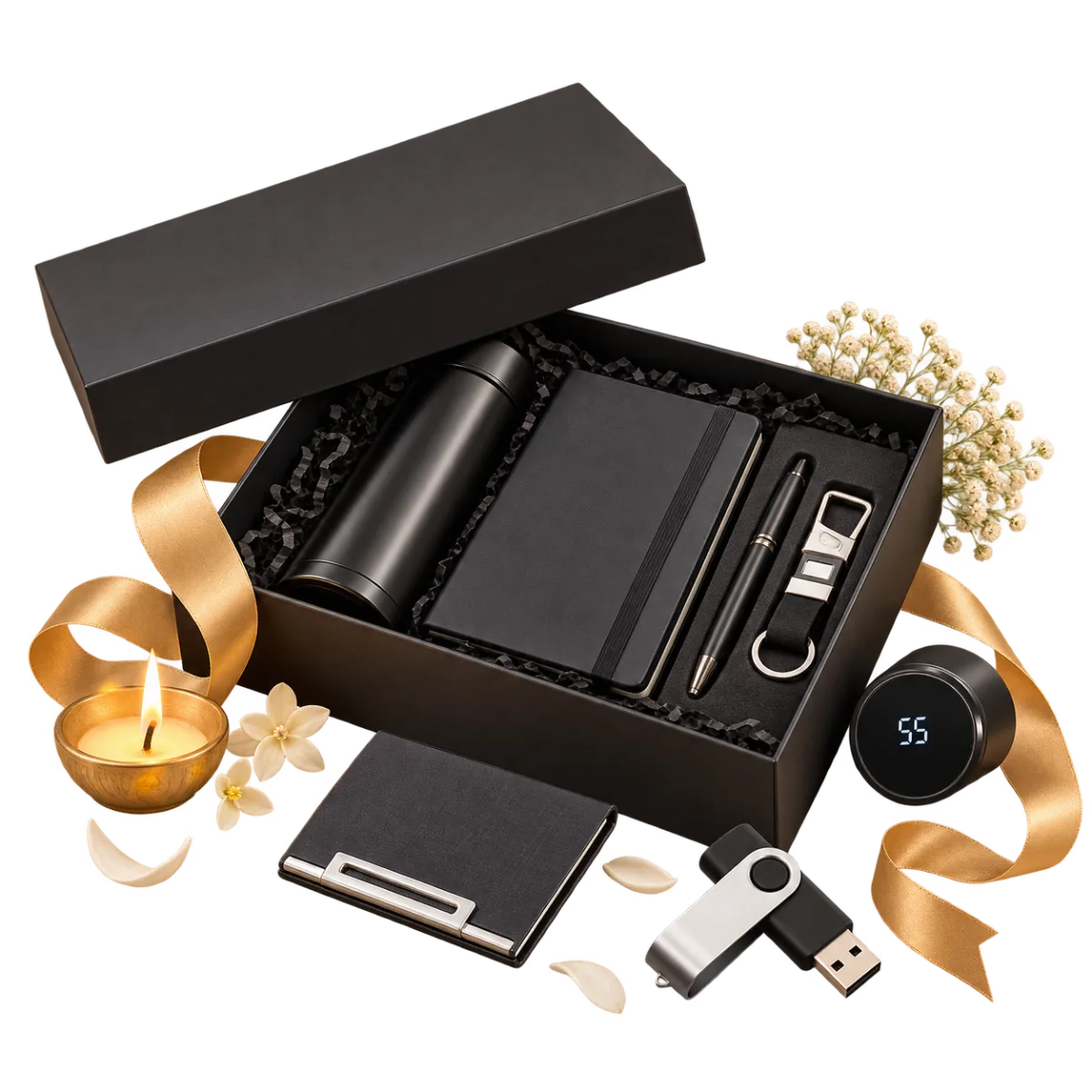 Travel and Desk Set: a temperature bottle, leather notebook and card holder in a gift box