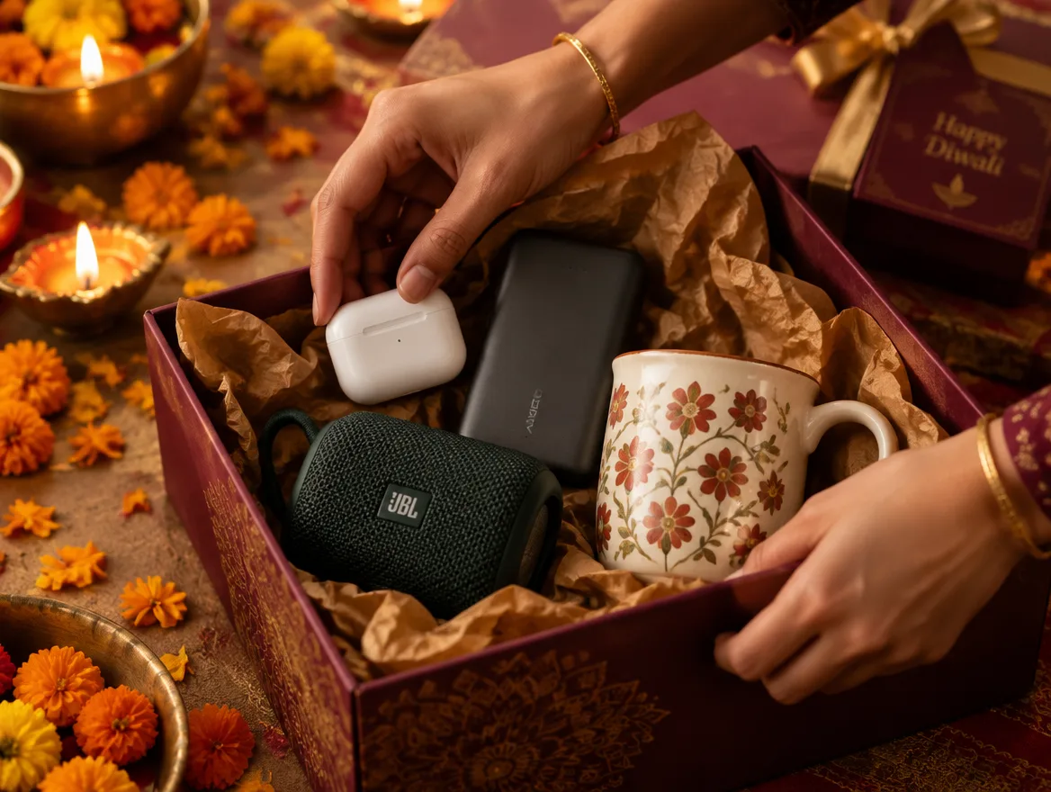 Hands placing earbuds, a speaker and a printed mug into a maroon hamper box