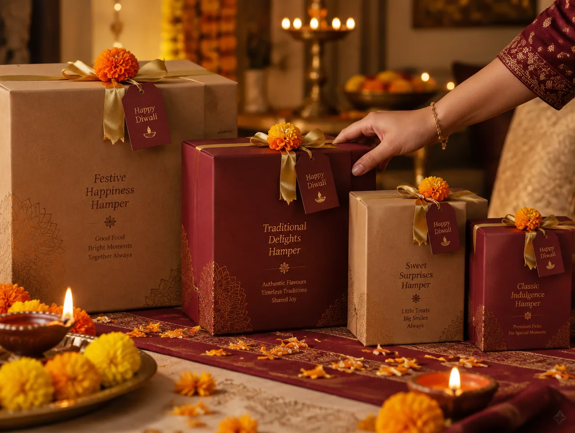 Hands arranging maroon and kraft Diwali gift boxes beside diyas and marigolds
