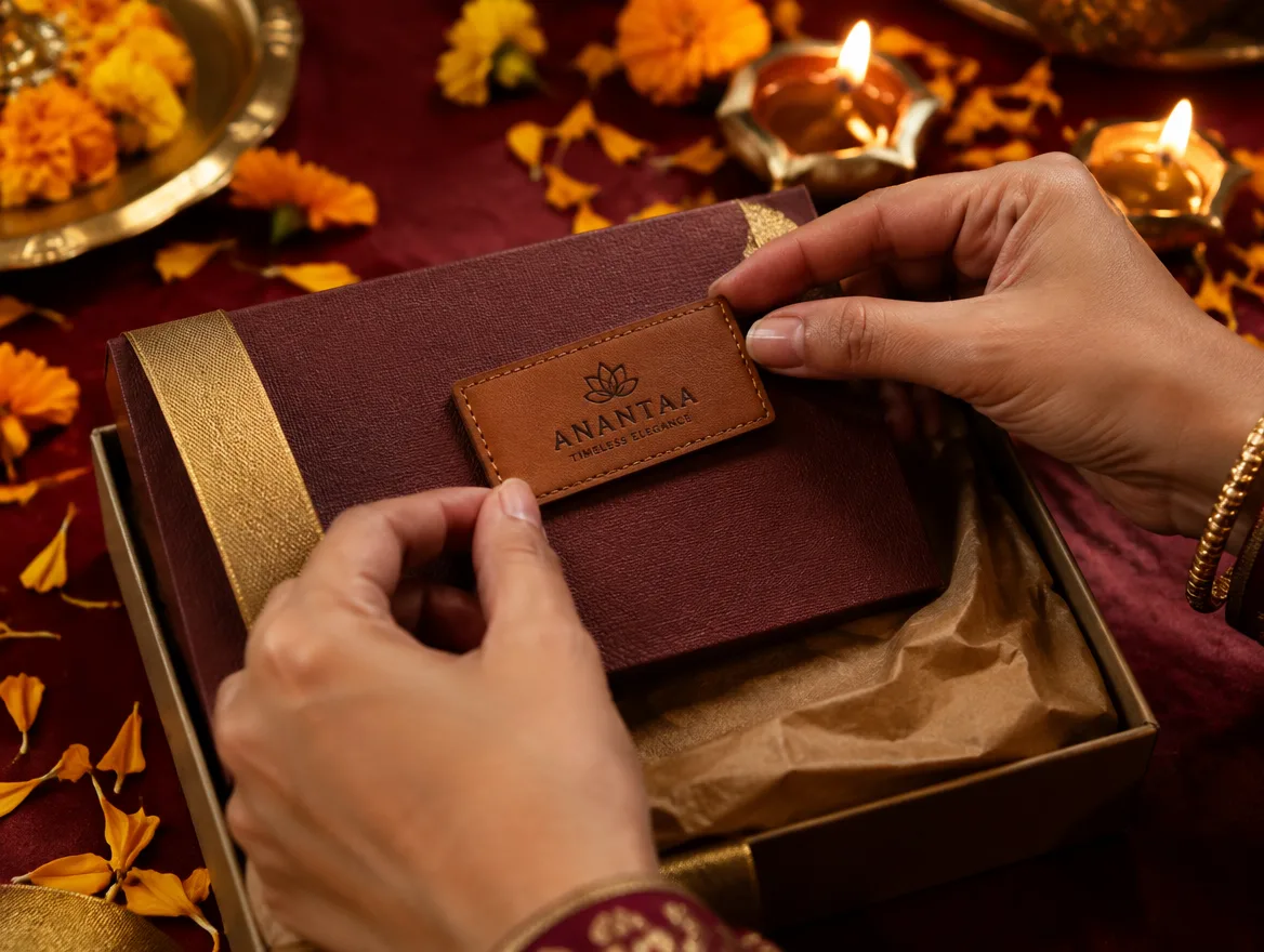Hands fixing a branded leather tag to a maroon gift box