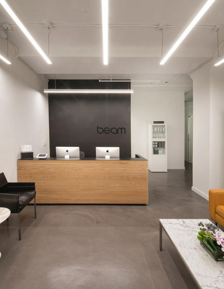 Office reception desk with computers.