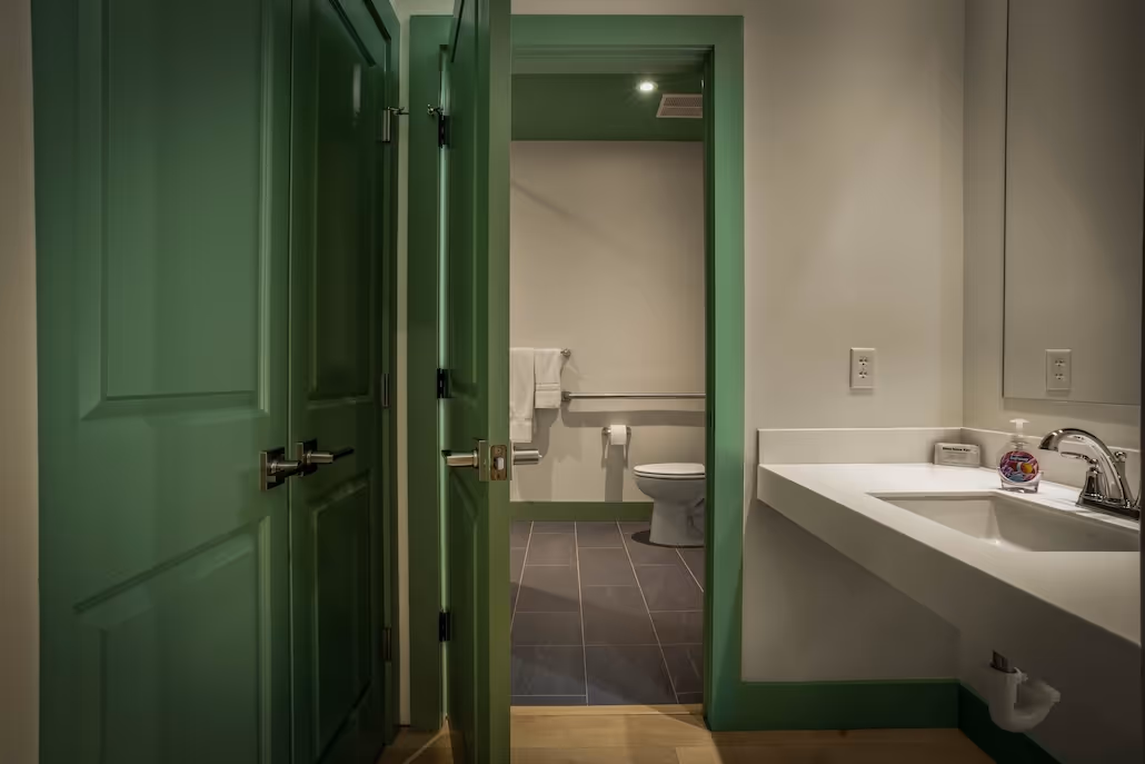 Bathroom with green framed door opening to reveal a toilet, white walls, dark floor tiles, and a white countertop with a sink and soap dispenser.