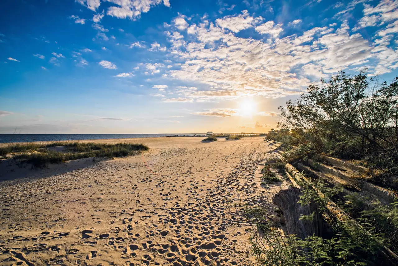 Sandy beach at sunset with footprints, green vegetation, and a pier in the distance under a partly cloudy sky.