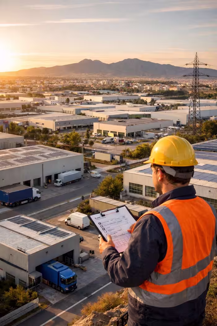 Vista aérea de un polígono industrial del Vallès Occidental con técnico de mantenimiento supervisando naves industriales al atardecer