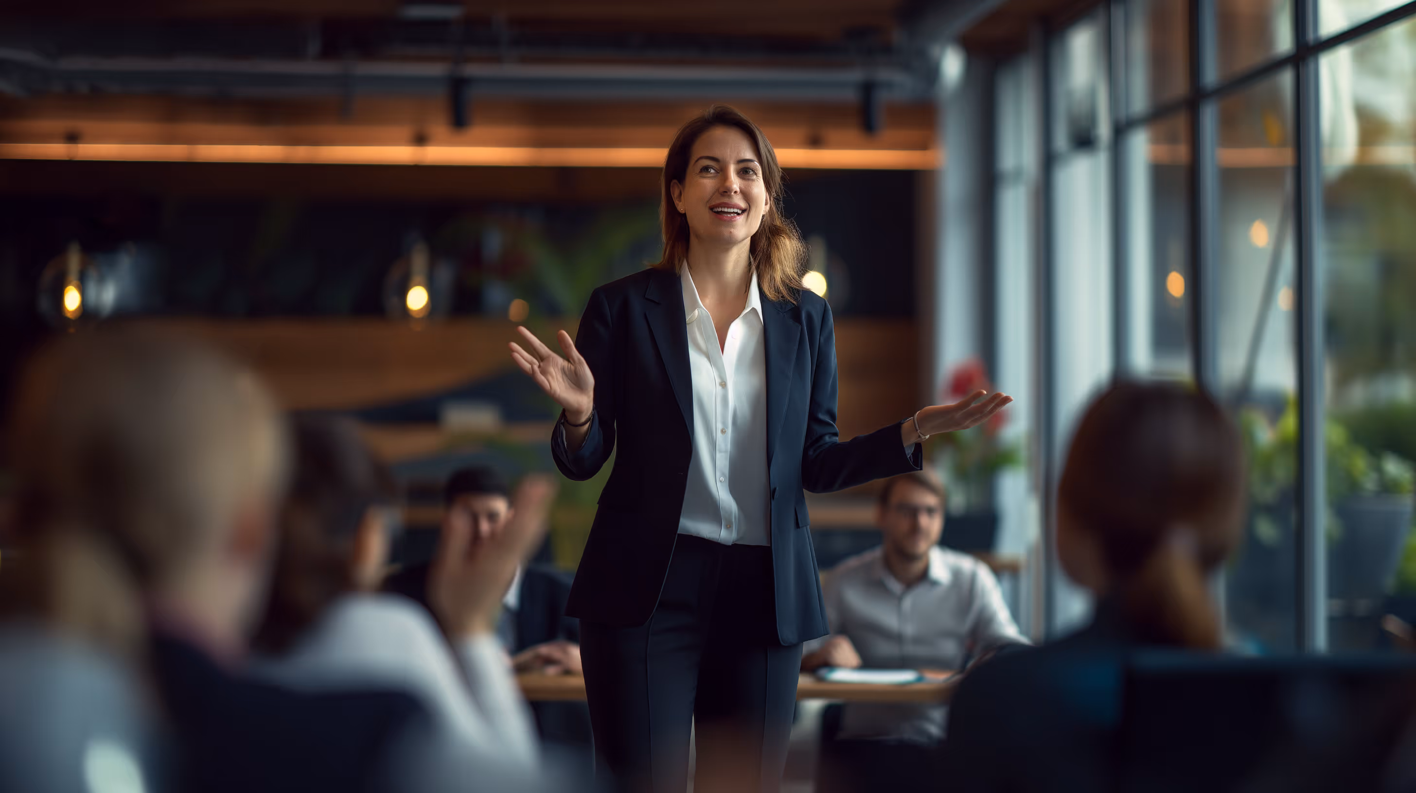 Professional team discussion in dark office interior