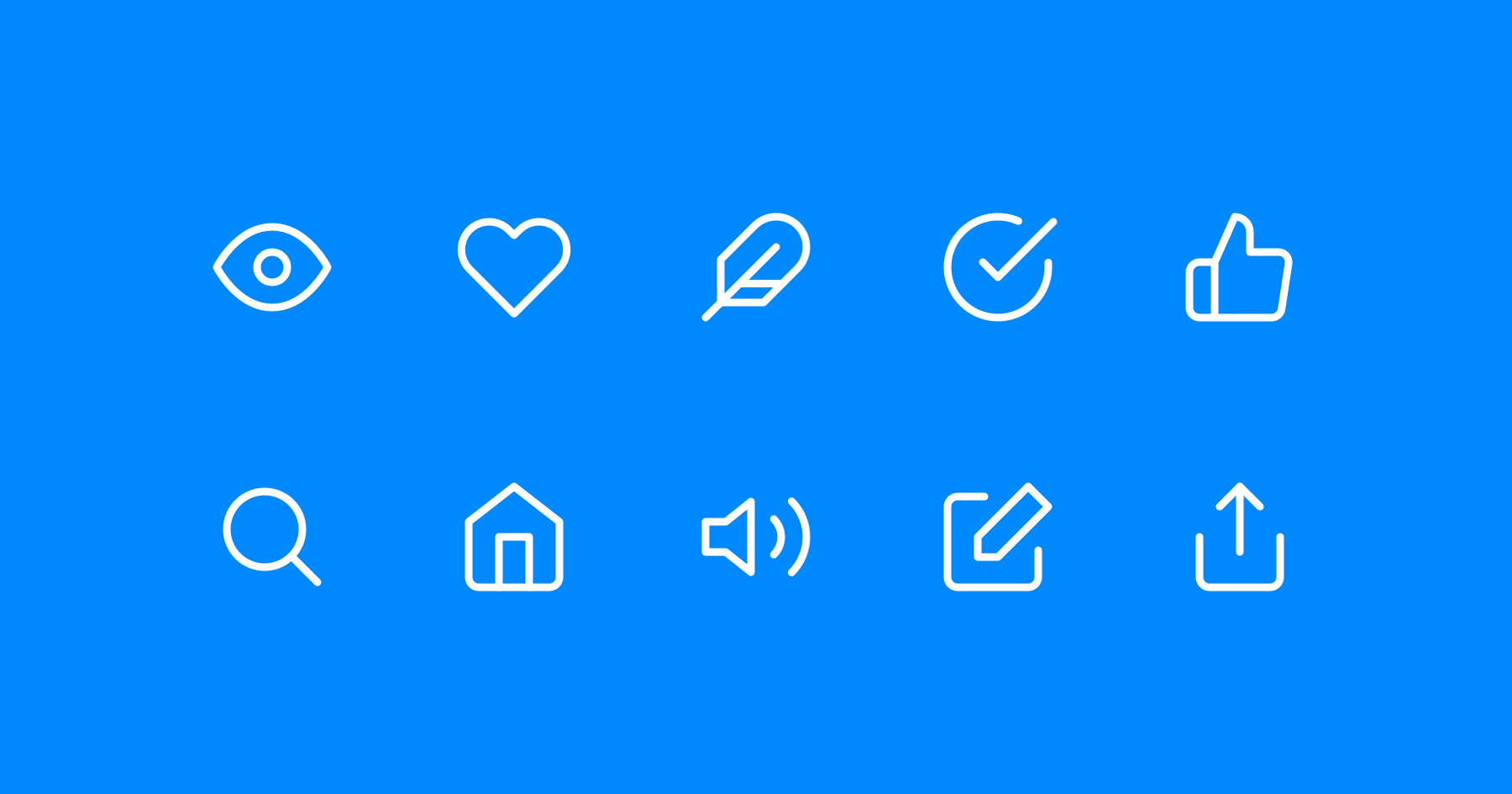 Set of ten white outline icons on blue background representing eye, heart, feather, checkmark in circle, thumbs up, magnifying glass, home, speaker with sound waves, pencil inside square, and upload arrow.