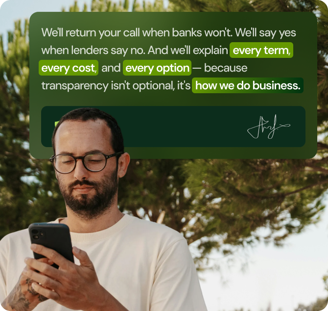 Transparency commitment card with signature emphasizing clear business communication