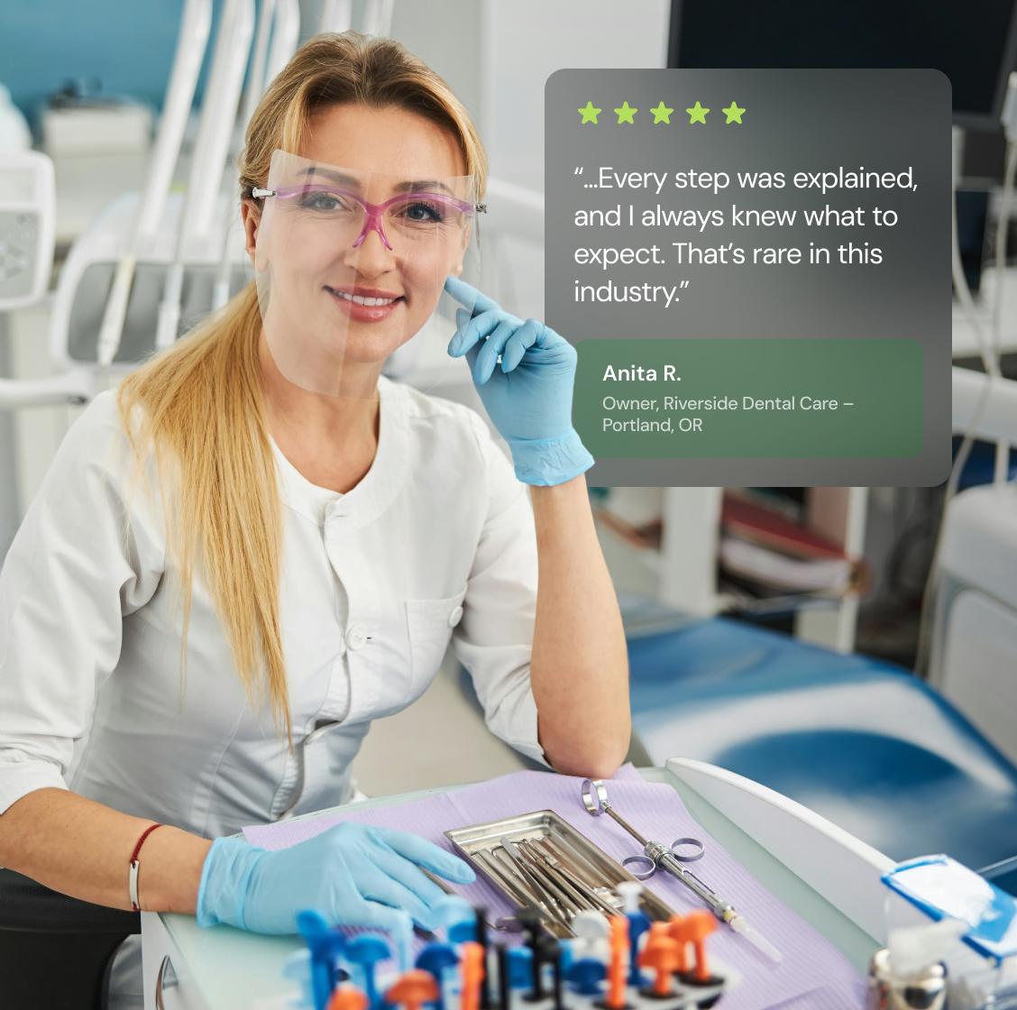 Customer testimonial from Anita R., Owner of Riverside Dental Care with five star rating praising transparent process