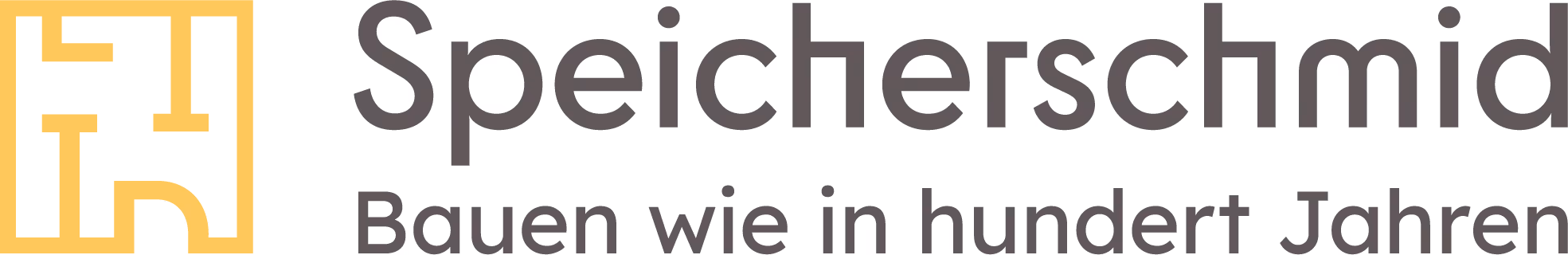 Speicherschmid Firmenlogo mit gelbem geometrischem Symbol und Schriftzug ‚Bauen wie in hundert Jahren‘.