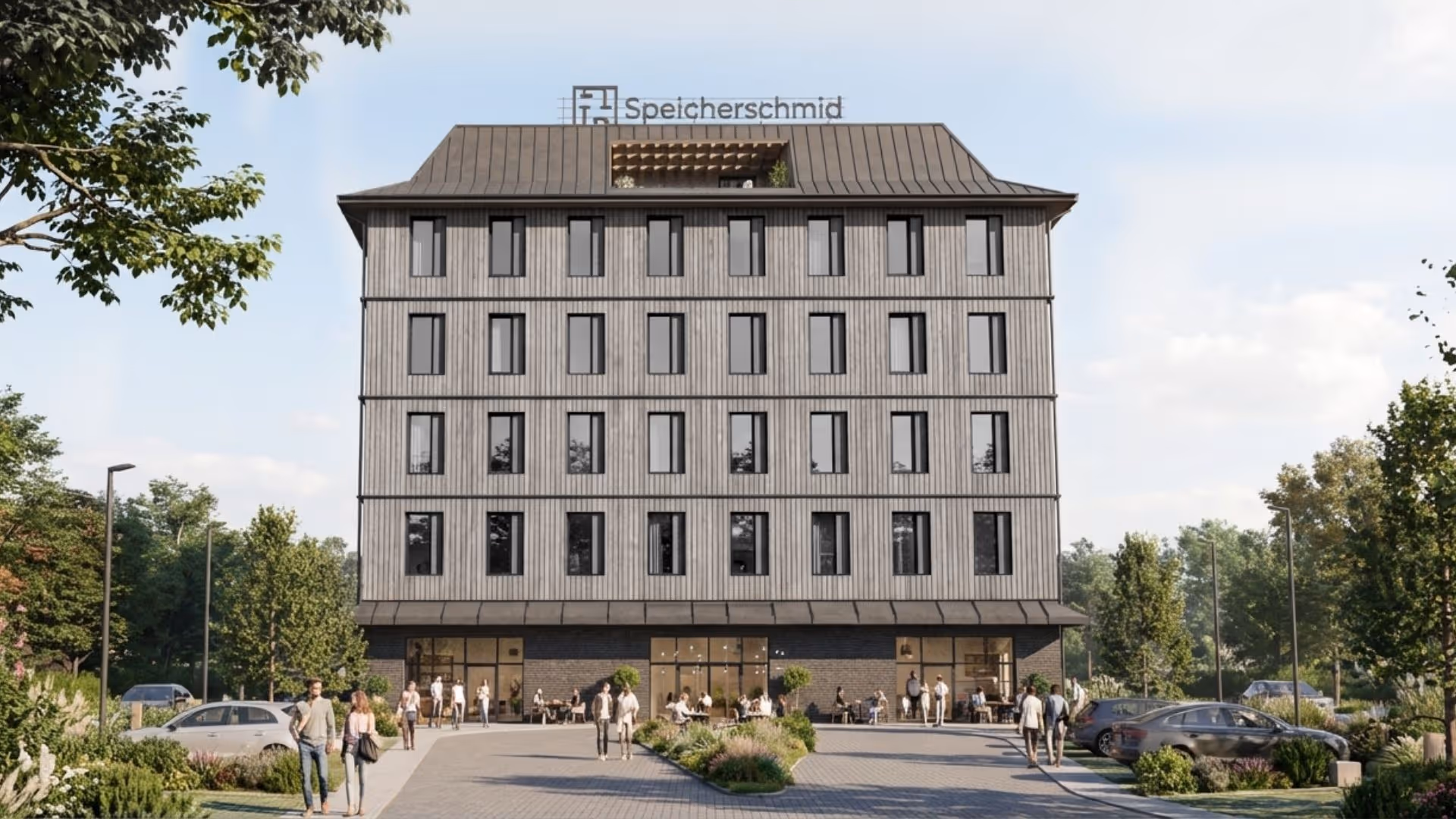 Moderner vierstöckiger Bürokomplex mit vielen Fenstern, Menschen und Autos davor.