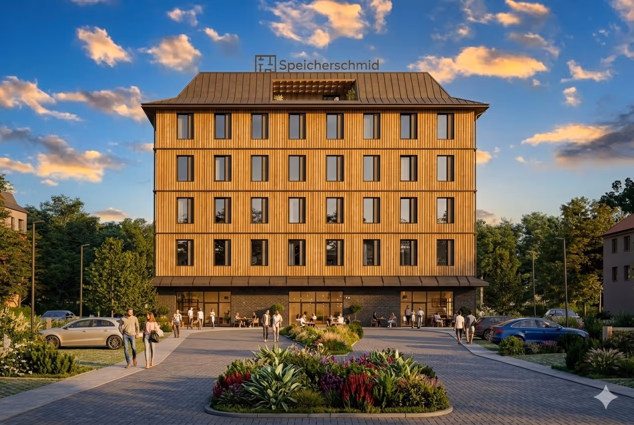 Modernes fünfstöckiges Gebäude mit Holzfassade, Menschen und Autos davor bei blauem Himmel mit Wolken.