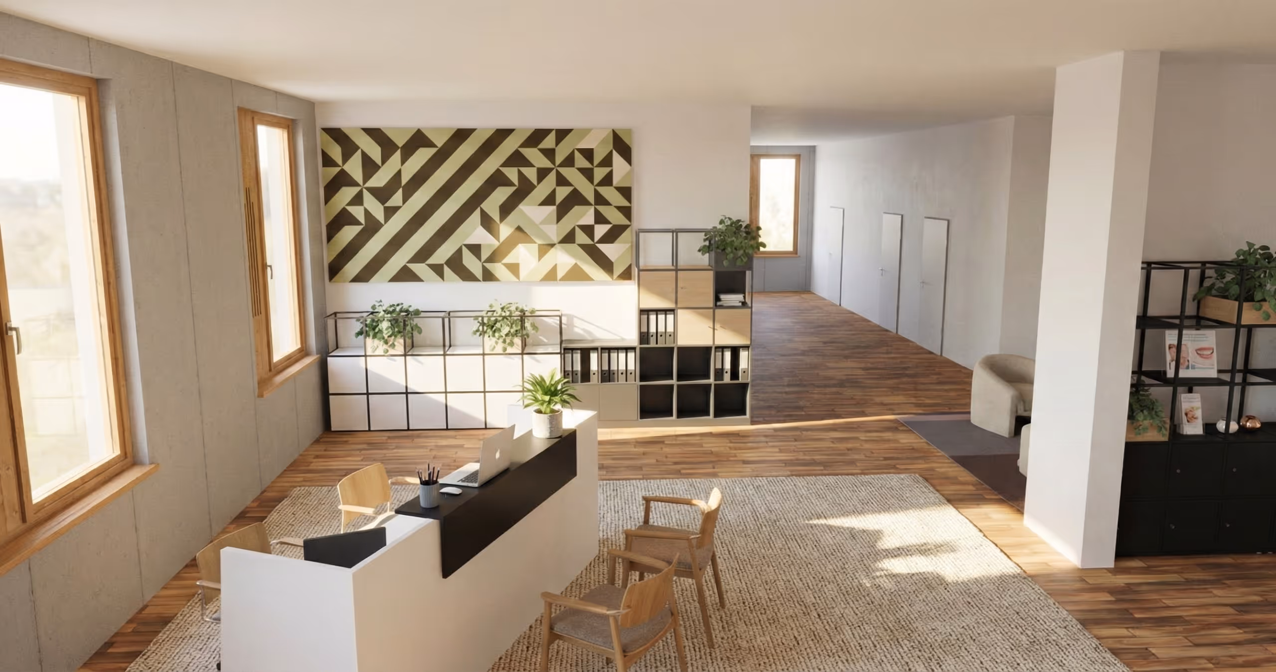 Heller Empfangsbereich mit modernen Möbeln, Pflanzen und geometrischem Wandbild.