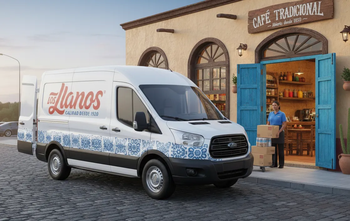 Camioneta de reparto de Los Llanos entregando pedidos de insumos lácteos en una cafetería, representando el servicio de logística eficiente y distribución para el sector Horeca.