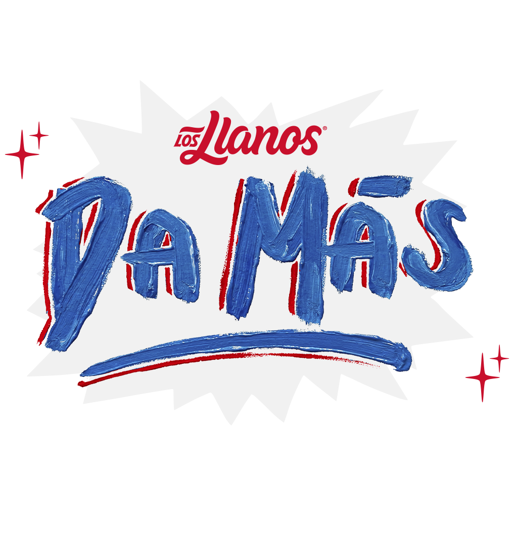 Logotipo de Los Llanos acompañado del eslogan 'Da Más' en letras azules con textura de pincelada, representando el alto rendimiento y rendimiento superior de sus productos.