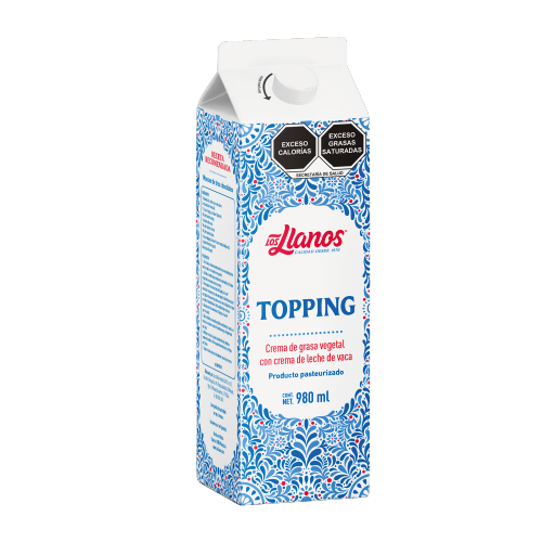 Envase de 980 ml de Topping Los Llanos, mezcla de crema de grasa vegetal con crema de leche de vaca, ideal para batir y decorar postres con alta estabilidad y rendimiento para pastelerías y cafeterías.