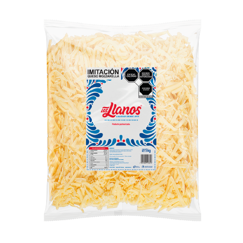 Bolsa de 5 kg de imitación de queso Mozzarella rayado Los Llanos, diseñada para un fundido uniforme en pizzas y platillos de alto volumen para el sector Horeca.