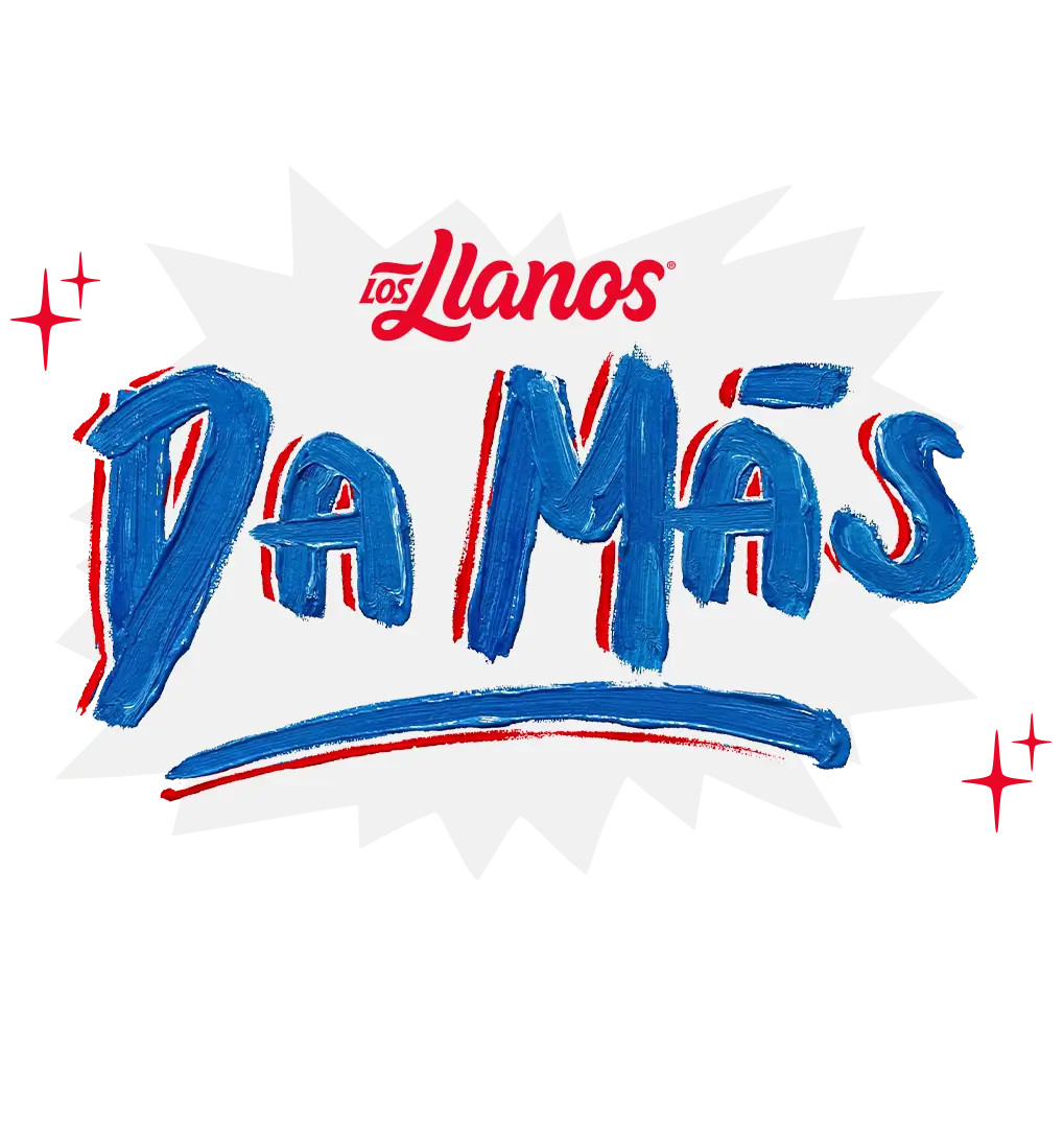 Logotipo de Los Llanos acompañado del eslogan 'Da Más' en letras azules con textura de pincelada, representando el alto rendimiento y rendimiento superior de sus productos.