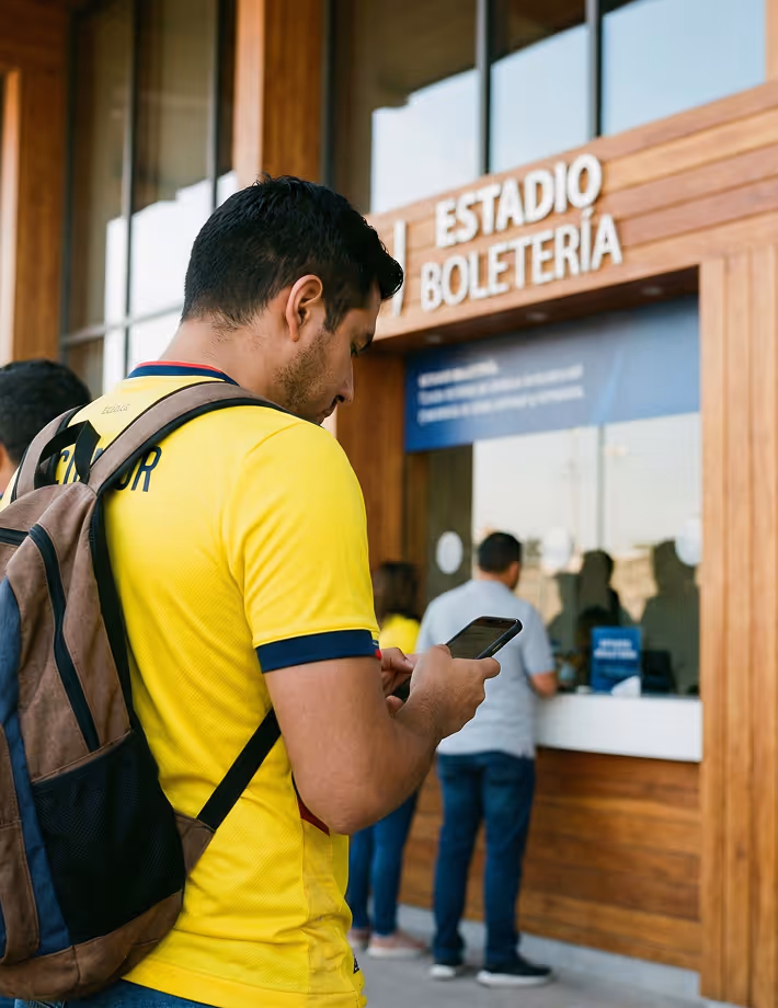 Hombre revisando las entradas que compró en línea frente a la boletería para ingresar a un estadio.