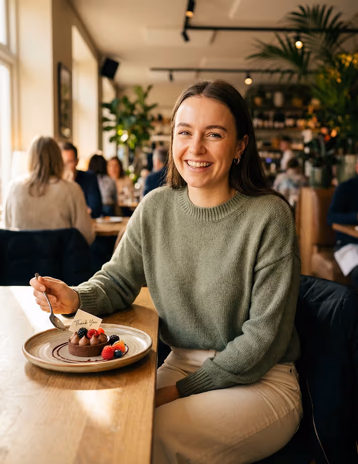 Mujer recibiendo un postre como recompensa de un programa de lealtad.