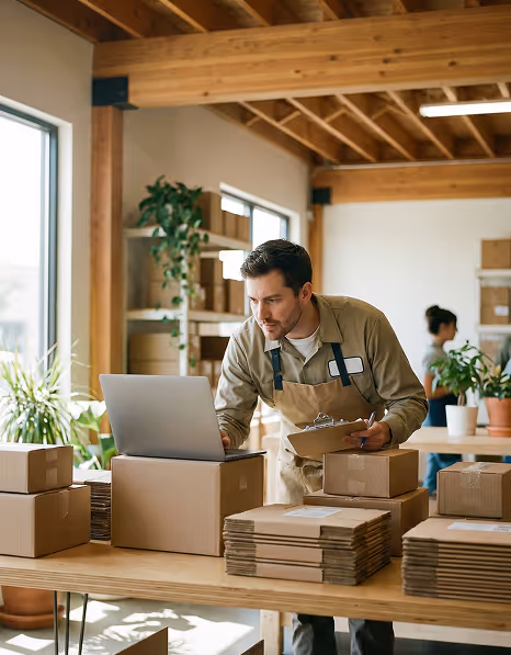 Hombre empacando productos basándose en la demanda logística.