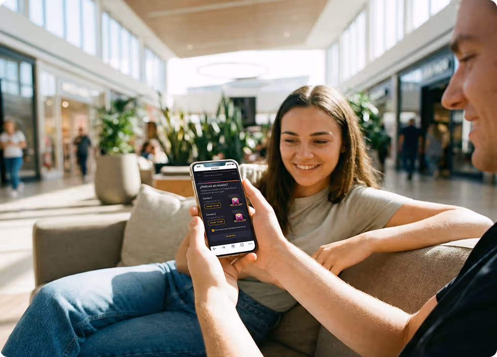Hombre sostiene su celular mientras hace la compra de snacks mediante cross-selling