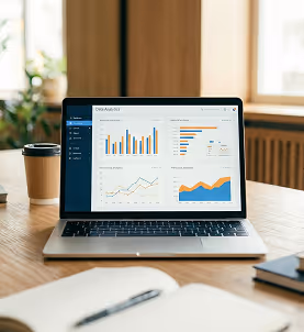 Computadora portátil con un dashboard de análisiis de datos en la pantalla sobre una mesa de madera.