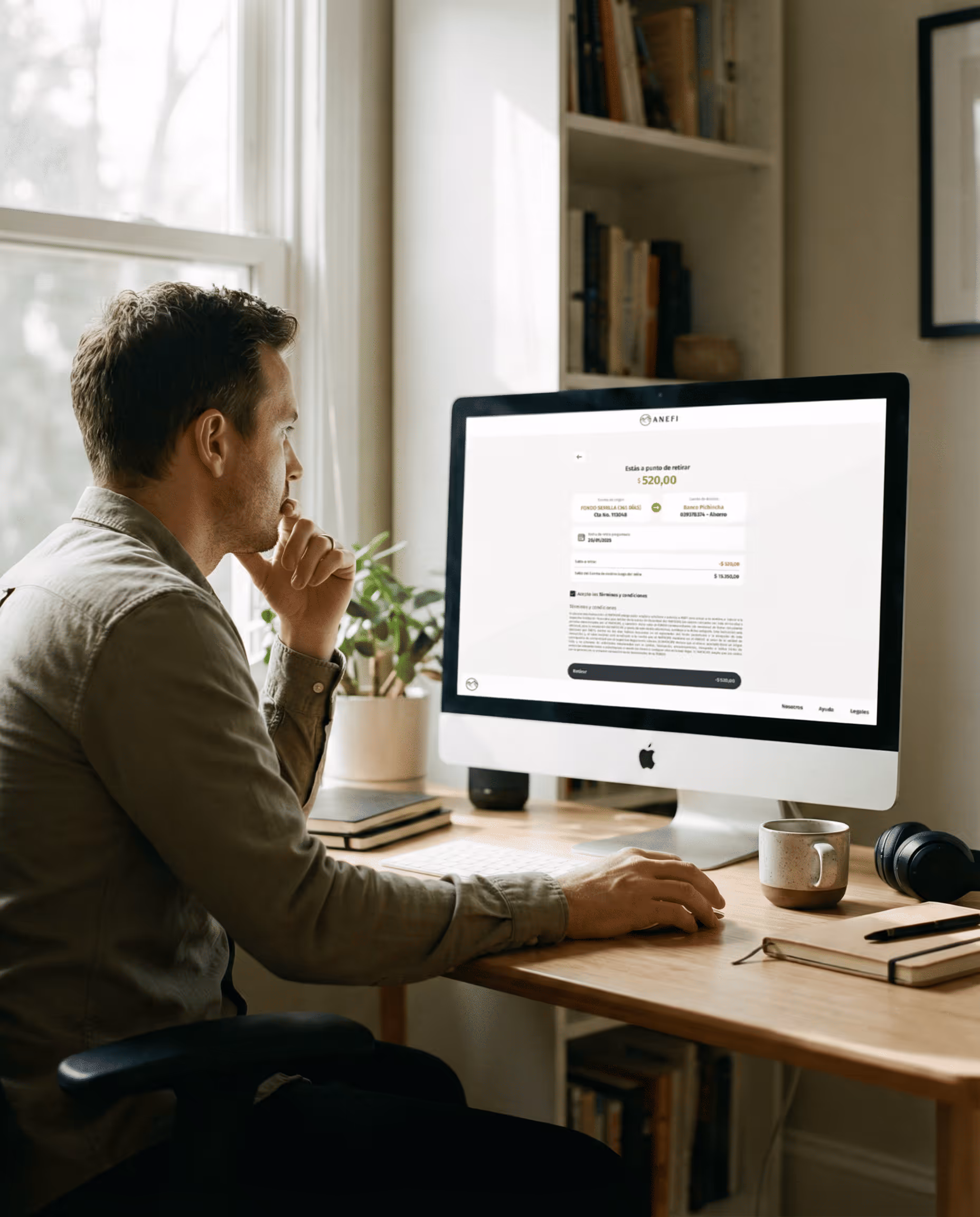 Hombre usando una computadora de escritorio para hacer un retiro de un fondo en una web. 