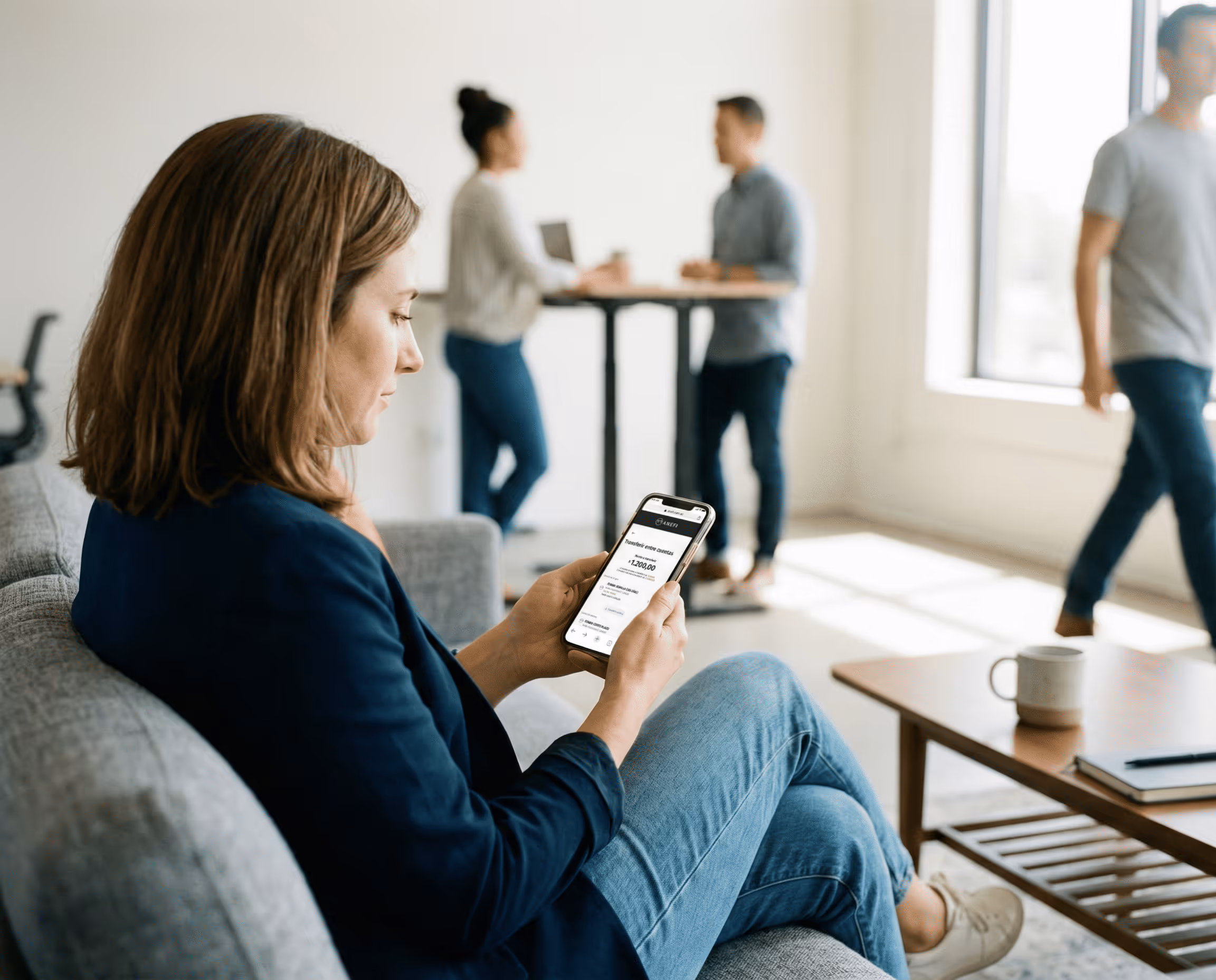 Mujer sentada en un sofá usando un tcelular para verificar una transferencia de dinero en una oficina luminosa con gente hablando de fondo.
