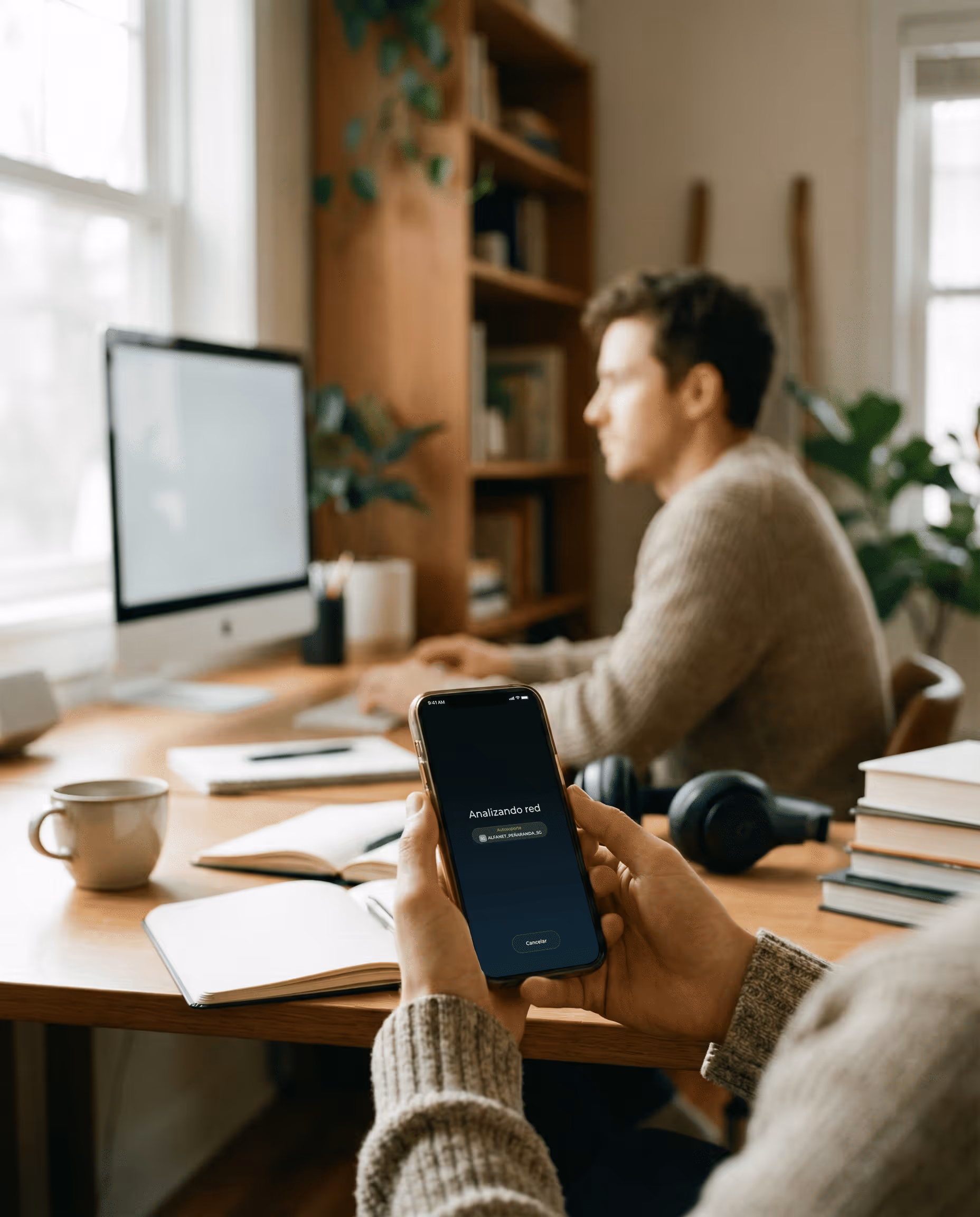 Persona que sostiene un teléfono inteligente que muestra una pantalla de análisis de red, mientras otra persona trabaja en una computadora en el fondo en una acogedora oficina hogareña.