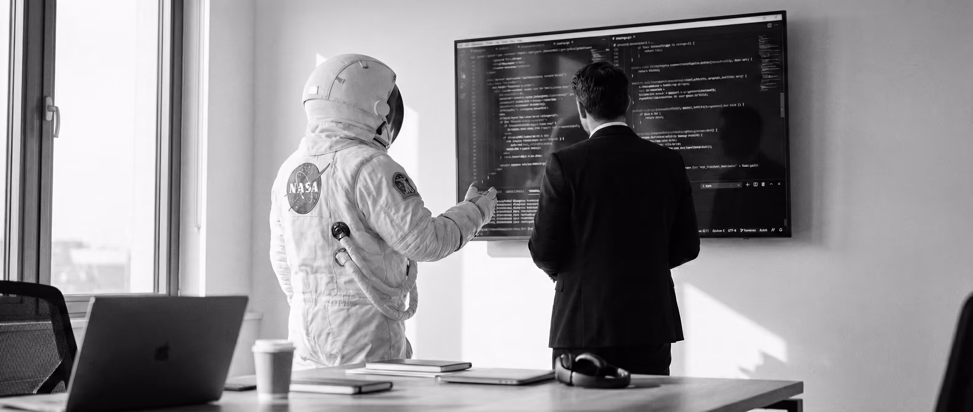 Un astronauta y un hombre con traje revisando el código de una aplicación en una pantalla grande en la pared, dentro de una oficina moderna.
