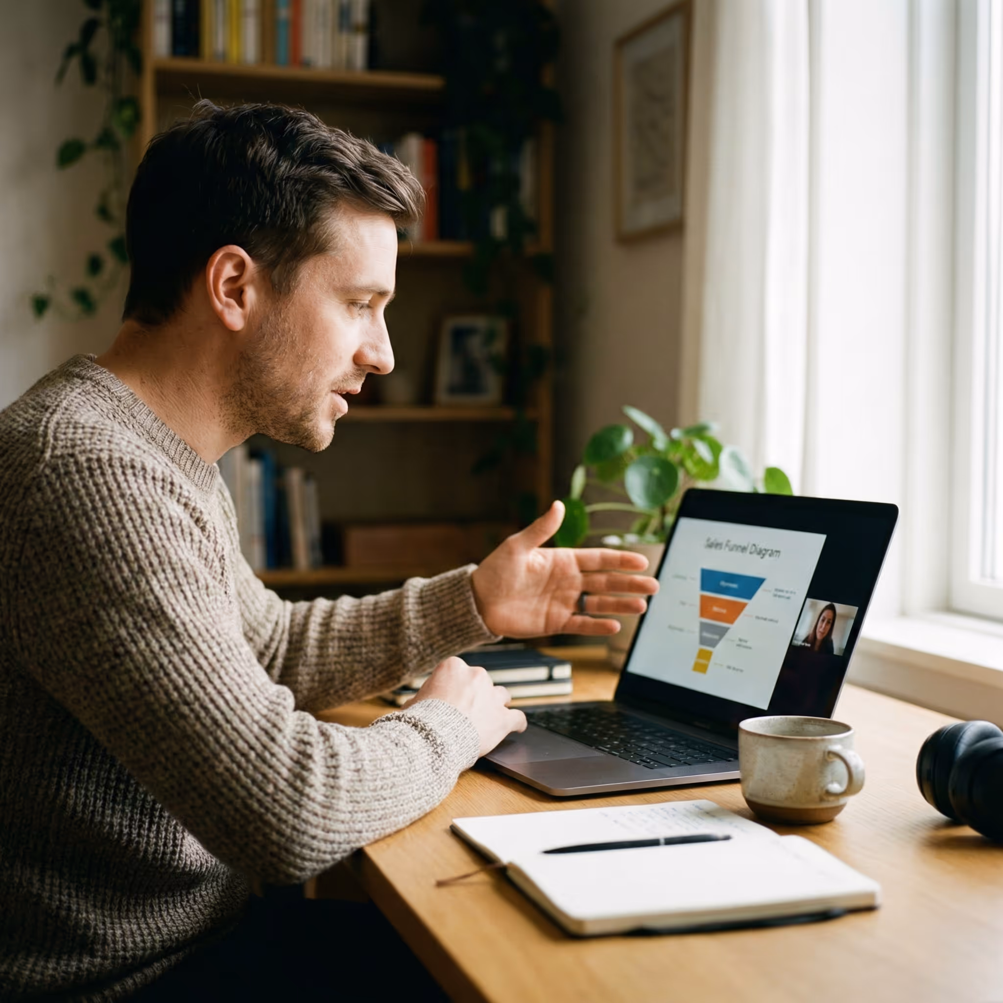 Hombre presentando un embudo de ventas en una laptop durante una videollamada.