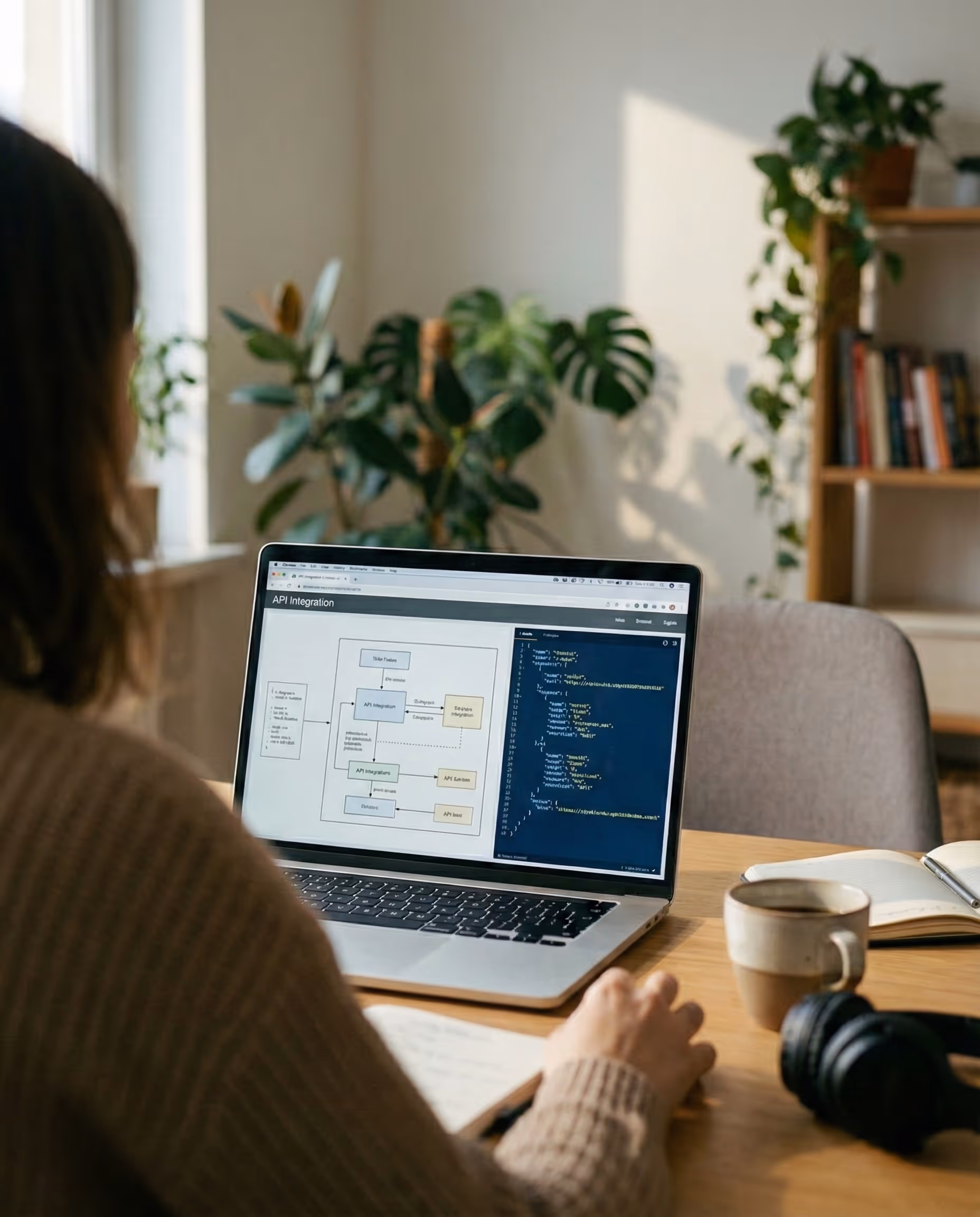 Persona revisando una integración de API y código en formato JSON en una laptop con café y libreta al lado.