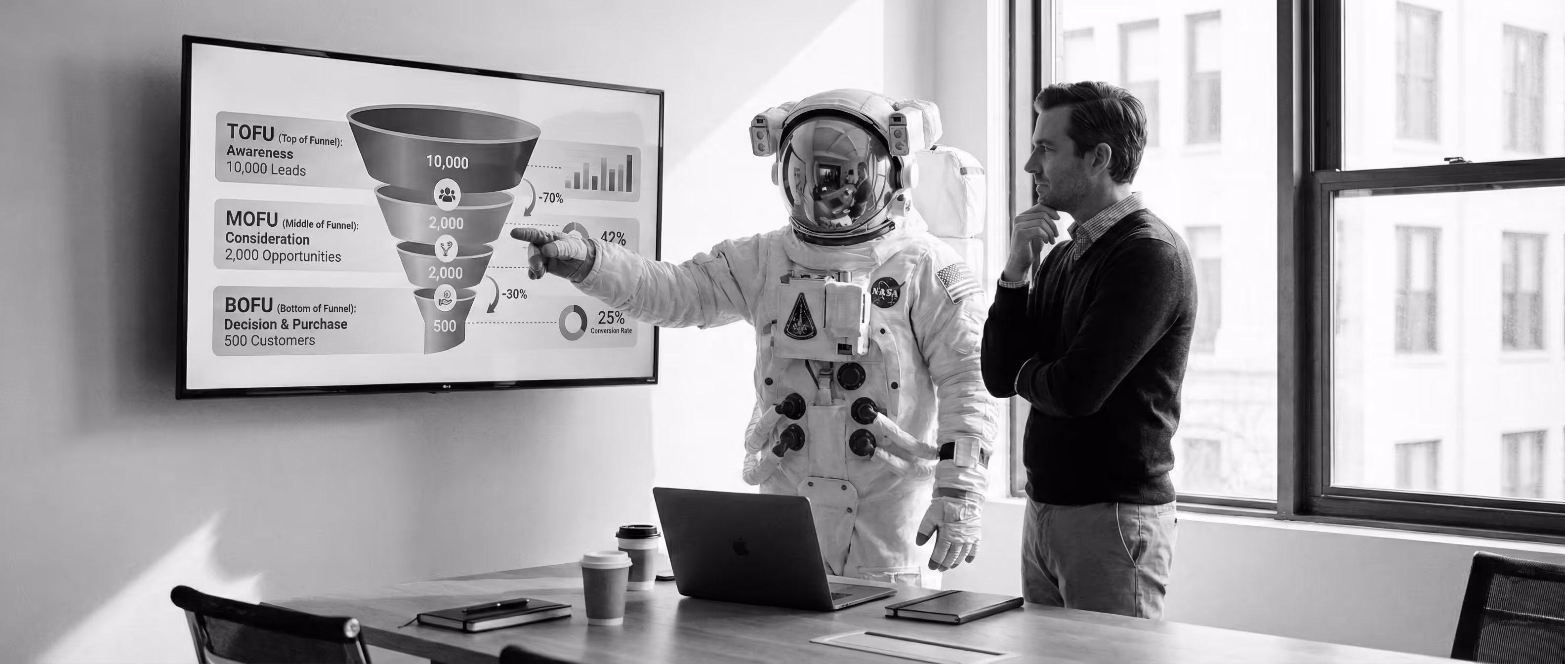 Astronauta explicando un embudo de ventas en una pantalla a un hombre durante una reunión de trabajo.