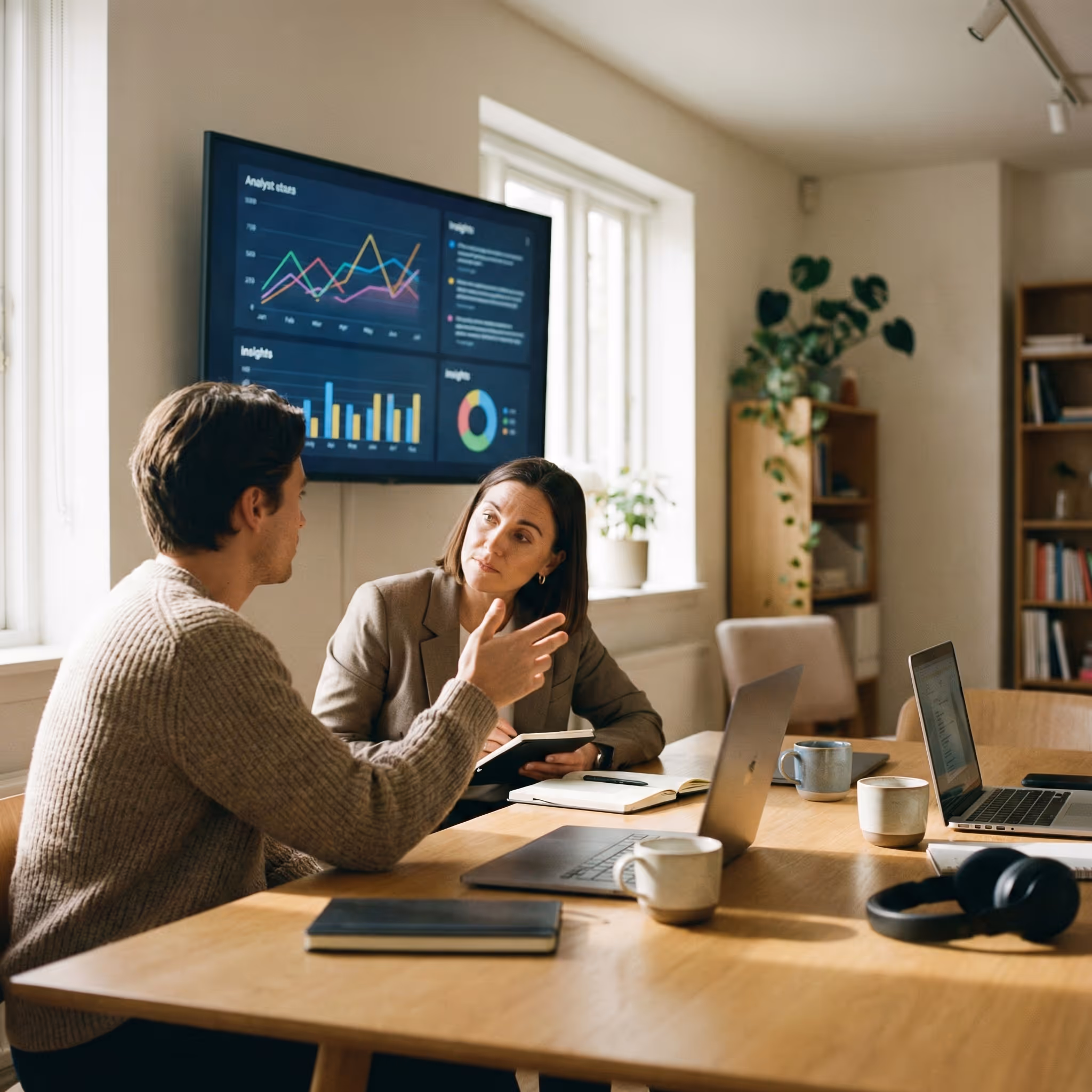 Asesor explicando análisis de datos a una clienta con gráficas en pantalla.