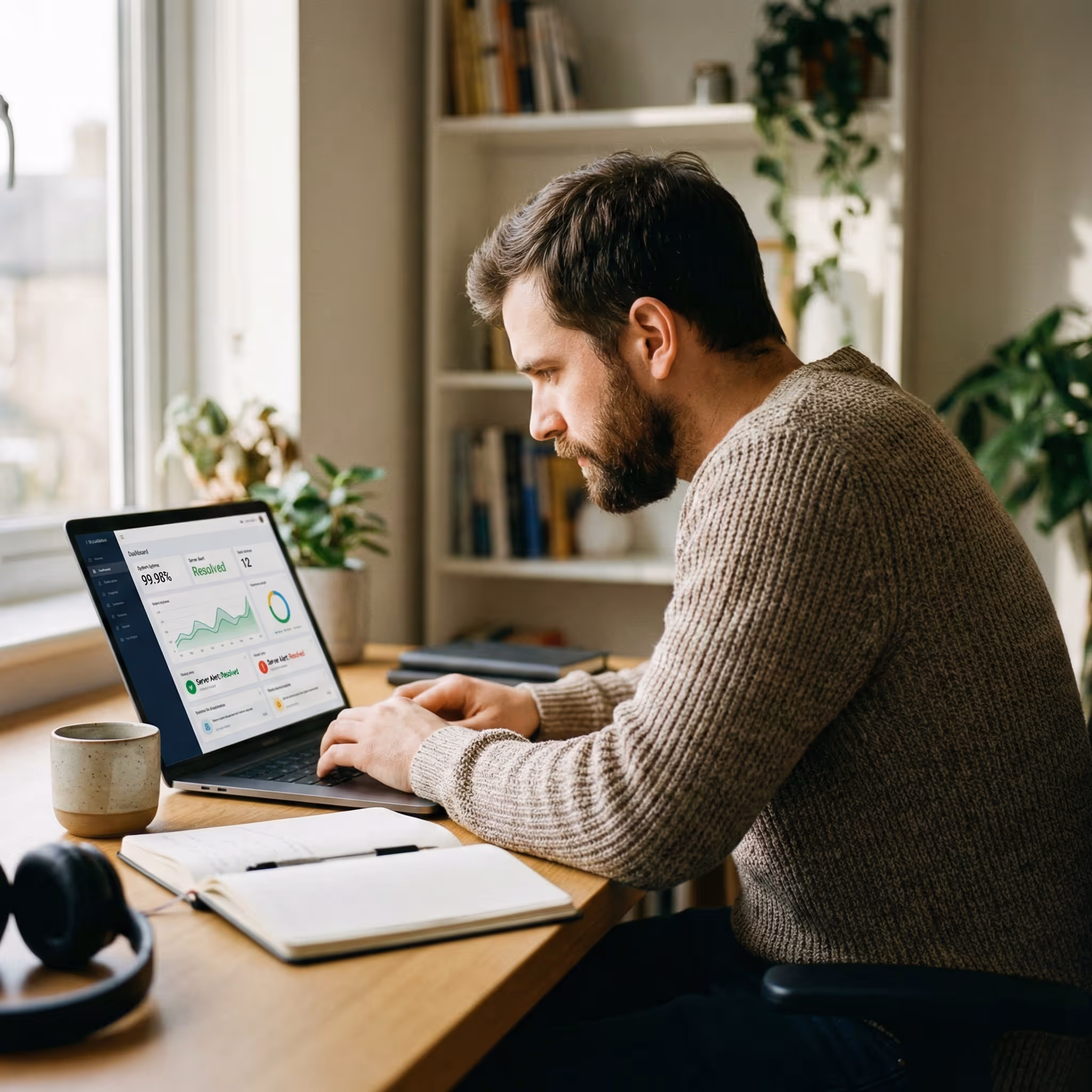 Hombre trabajando en una laptop que muestra un panel con gráficos y estadísticas, en un escritorio de madera cerca de una ventana