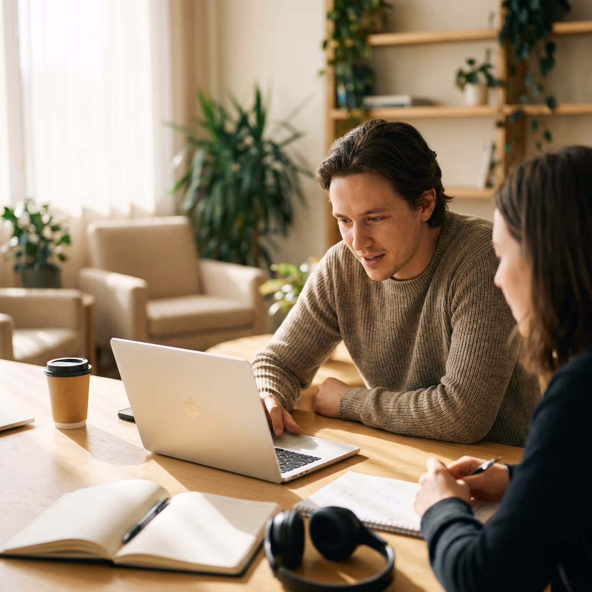 Hombre entrevistando a una persona sobre el uso de una aplicación.