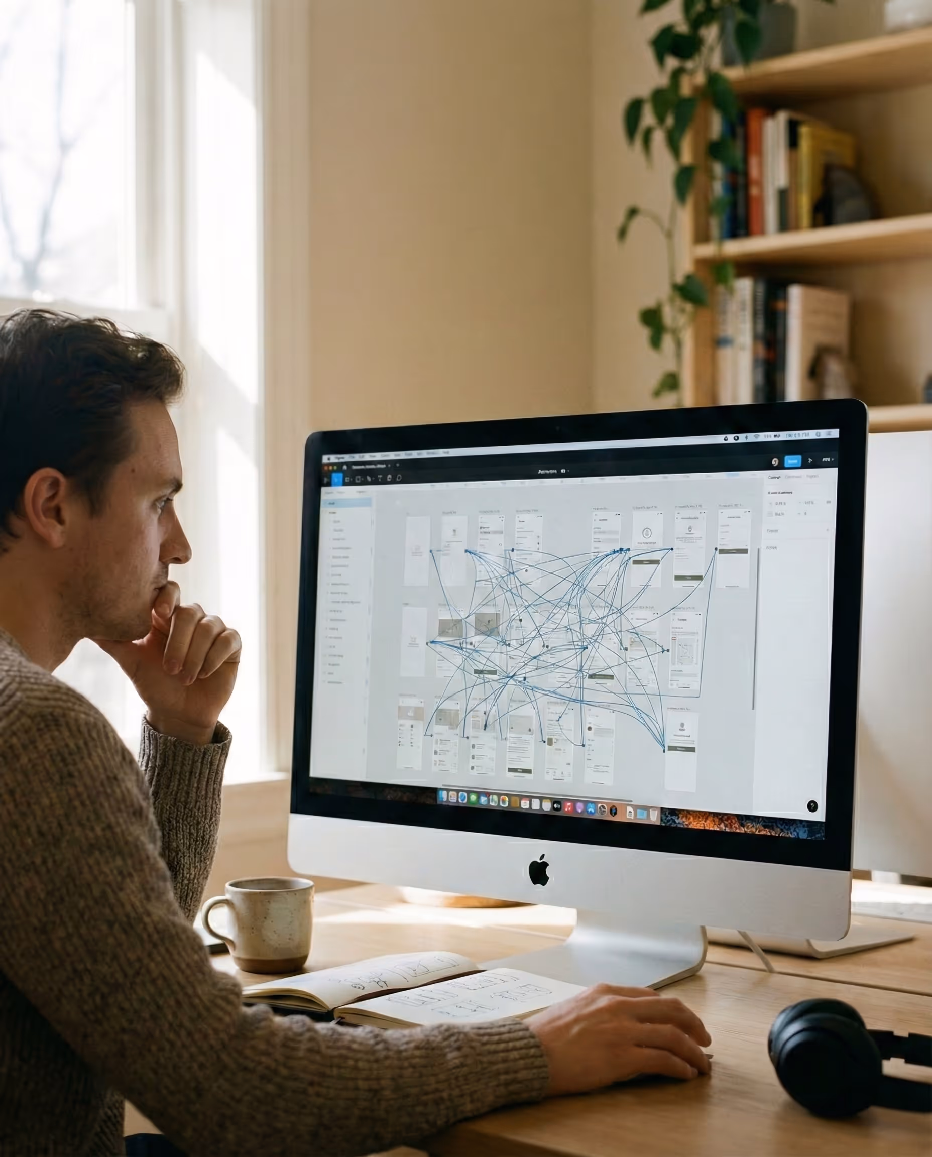 Hombre con suéter marrón revisando los flujos de un prototipo en Figma en una computadora, sentado en un escritorio de madera con una libreta, una taza de café y audífonos cerca.